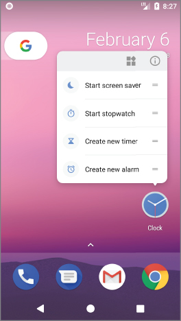 Android home screen displaying the date February 6 on the top right area with a list on the text box labeled Start screen saver, Start stopwatch, etc. beside each icon. The text box is linked to the clock icon below the list.